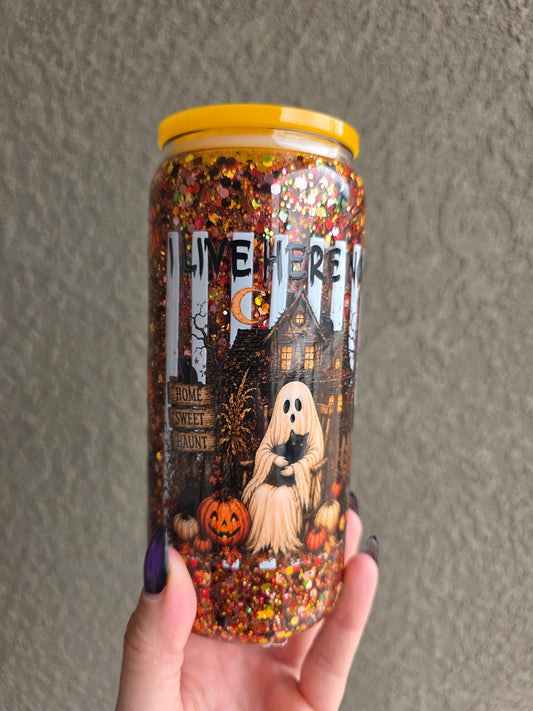 20 oz Glass Snowglobe Tumbler w/Handle - Fall Ghostie