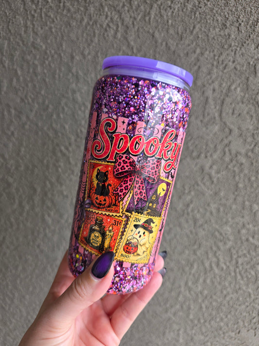 20 oz Glass Snowglobe Tumbler w/Handle - Purple Spooky