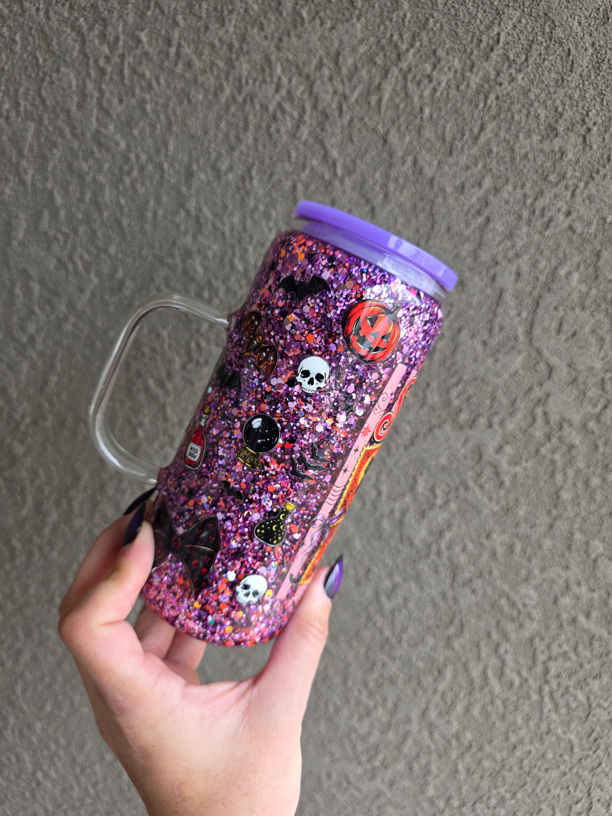20 oz Glass Snowglobe Tumbler w/Handle - Purple Spooky