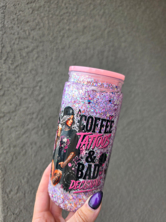 20 oz Acrlyic Snowglobe Tumbler - Coffee, Tattoos, & Bad Decisions
