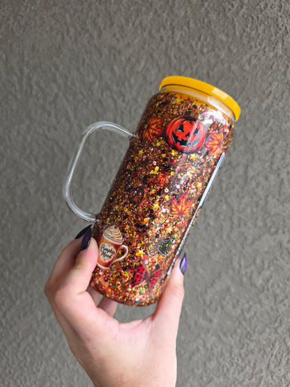 20 oz Glass Snowglobe Tumbler w/Handle - Fall Ghostie
